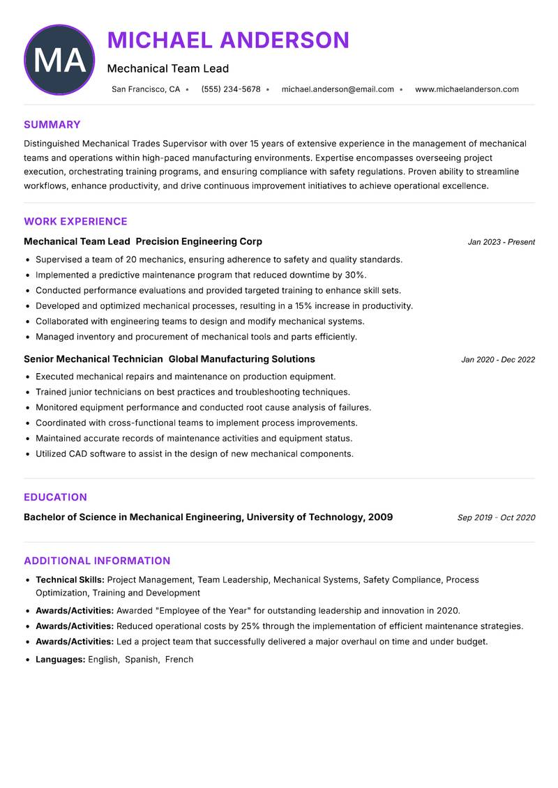 Mechanical Trades Supervisor resume example