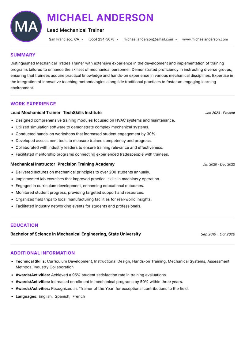 Mechanical Trades Trainer resume example