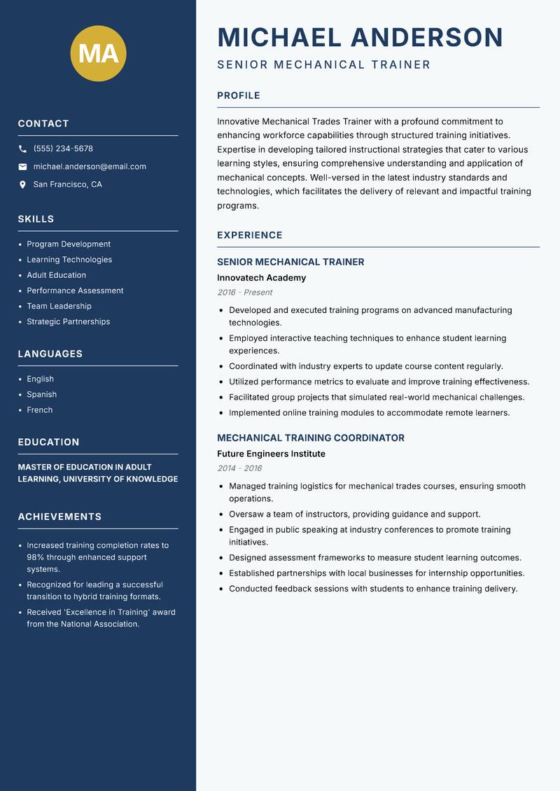 Mechanical Trades Trainer resume sample — Senior Mechanical Trainer focus