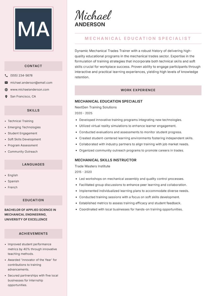 Mechanical Trades Trainer resume sample — Mechanical Education Specialist focus