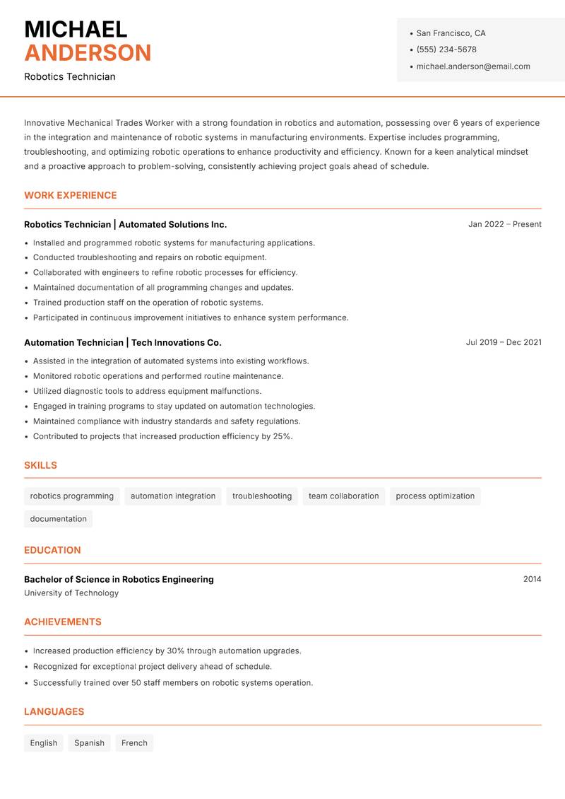 Mechanical Trades Worker resume sample — Robotics Technician focus