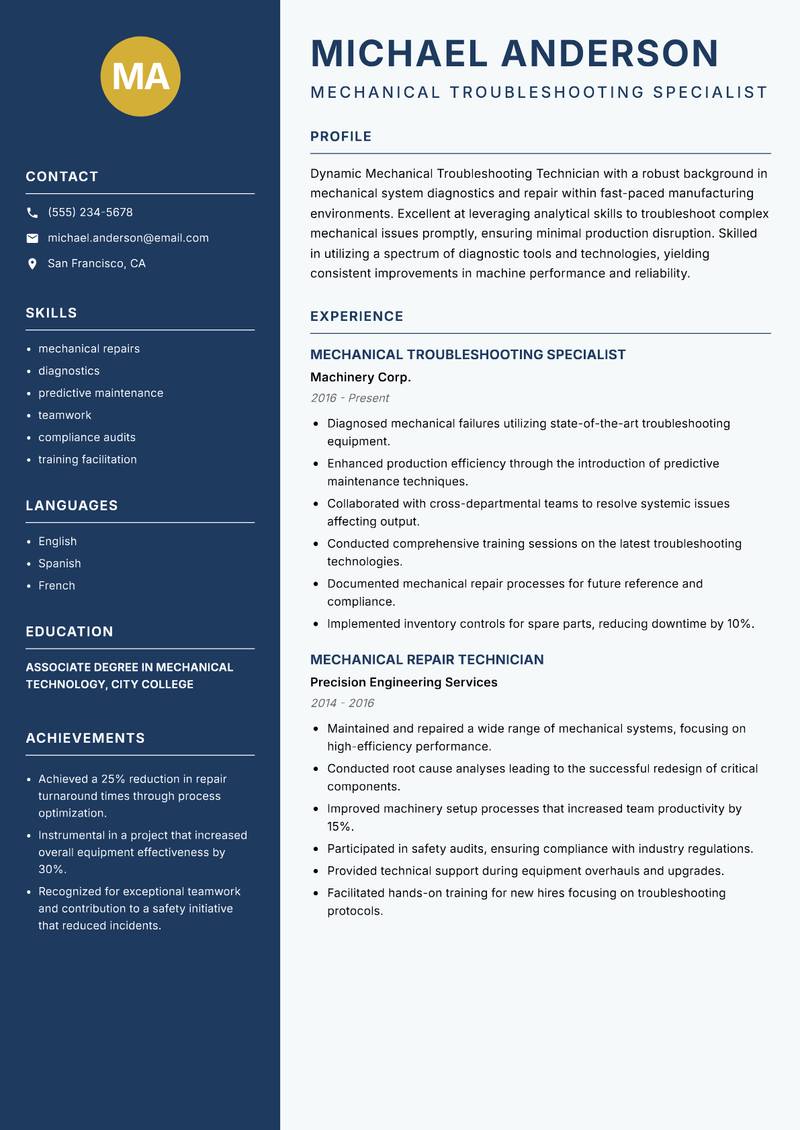 Mechanical Troubleshooting Technician resume sample — Mechanical Troubleshooting Specialist focus