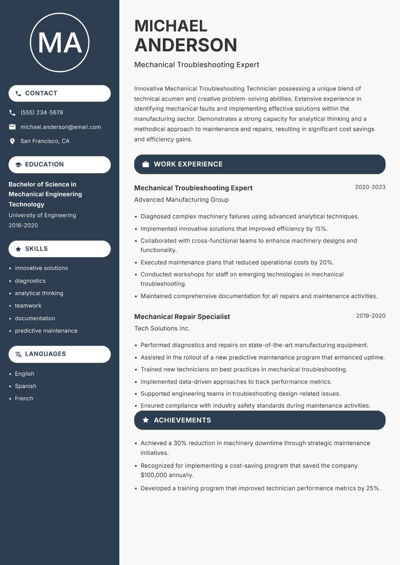 Mechanical Troubleshooting Technician resume sample — Mechanical Troubleshooting Expert focus
