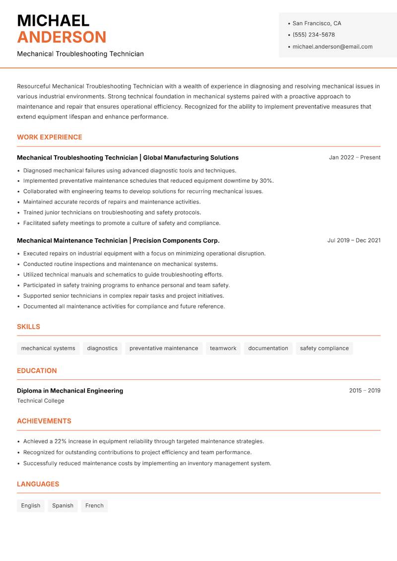 Mechanical Troubleshooting Technician resume sample — Mechanical Troubleshooting Technician focus