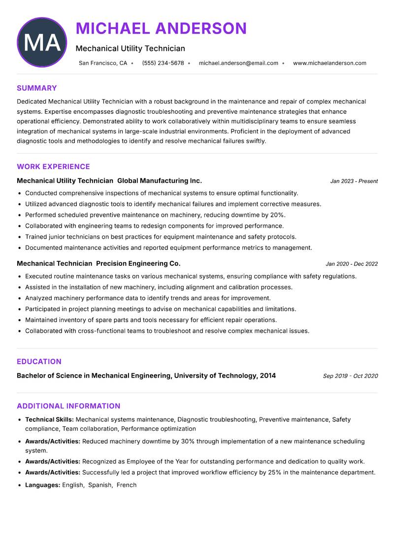 Mechanical Utility Technician resume example