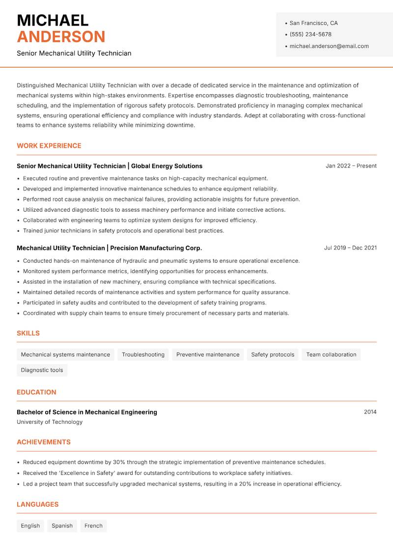 Mechanical Utility Technician resume sample — Senior Mechanical Utility Technician focus
