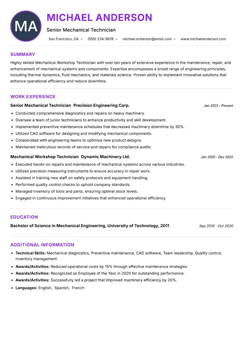 Mechanical Workshop Technician resume example