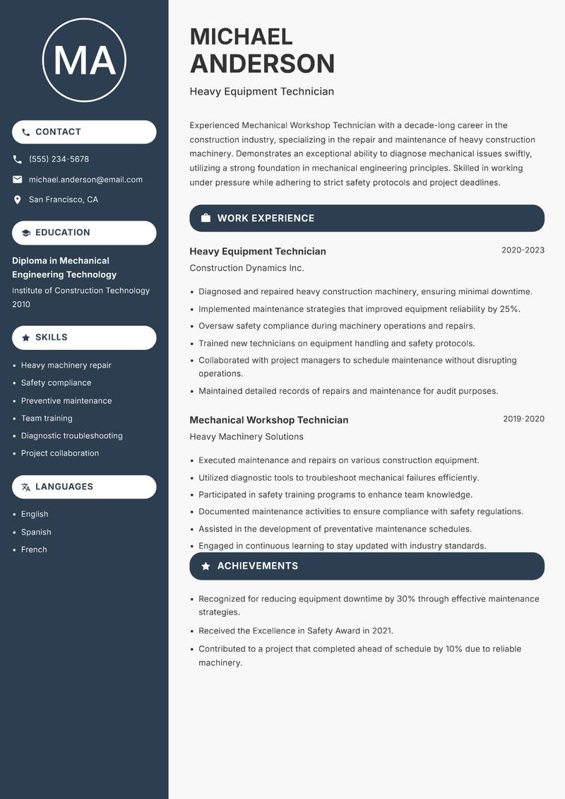 Mechanical Workshop Technician resume sample — Heavy Equipment Technician focus
