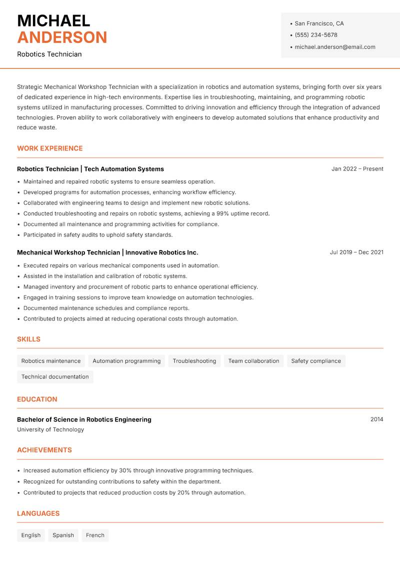Mechanical Workshop Technician resume sample — Robotics Technician focus