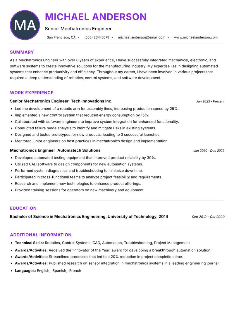 Mechatronics Engineer resume example
