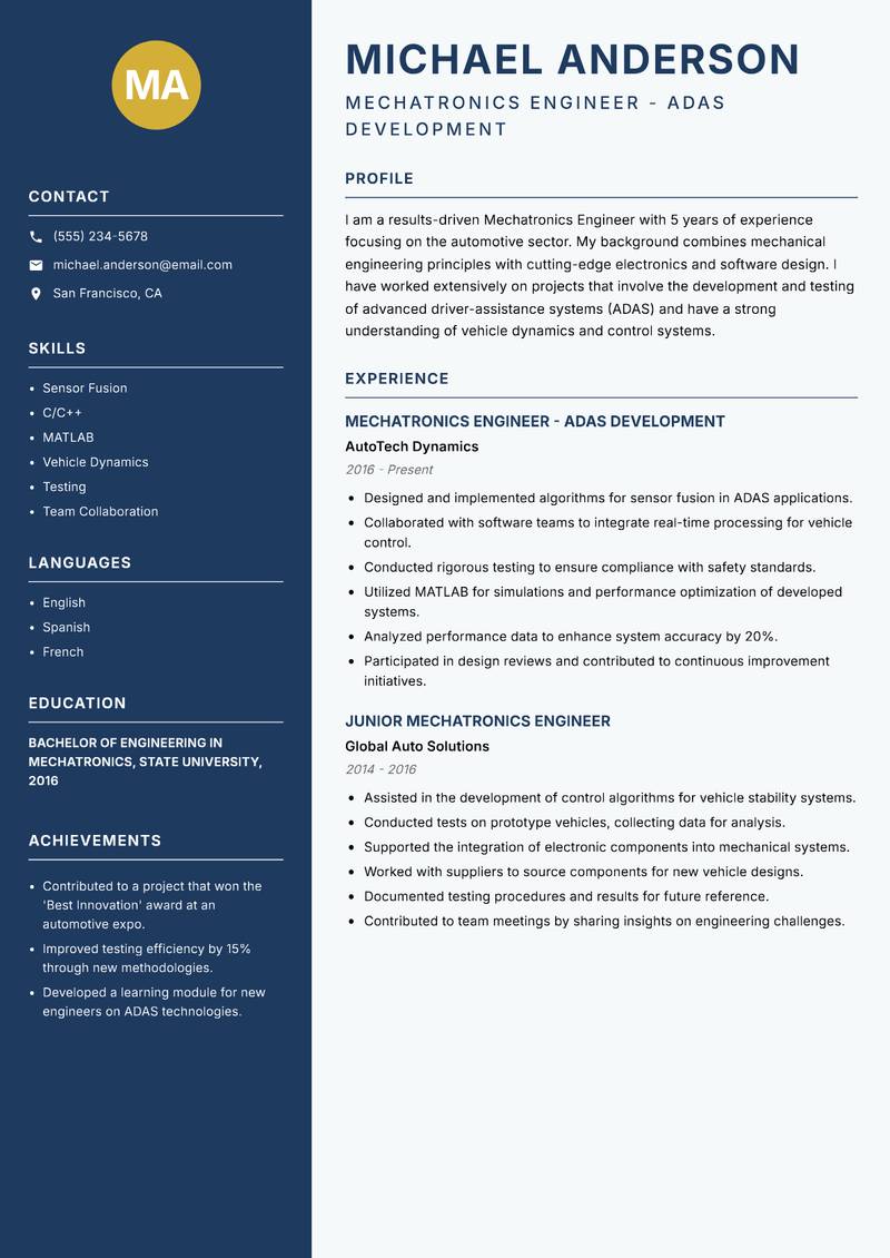 Mechatronics Engineer resume sample — Mechatronics Engineer - ADAS Development focus