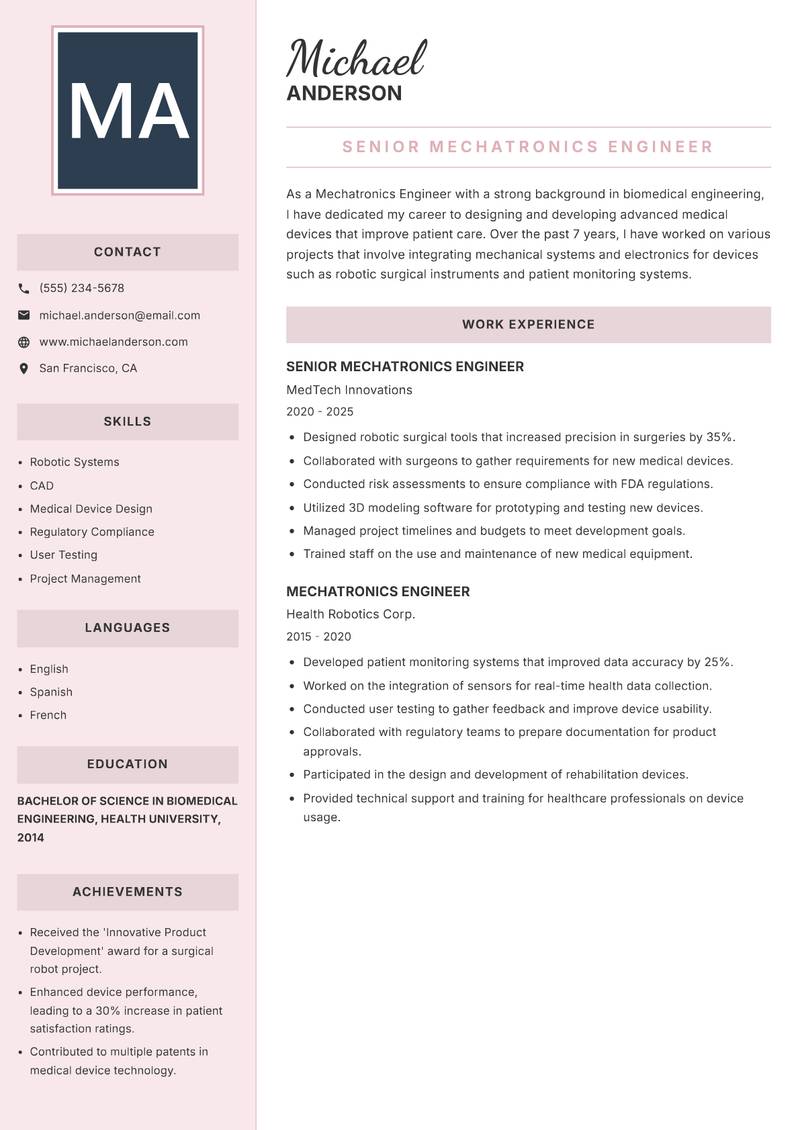Mechatronics Engineer resume sample — Senior Mechatronics Engineer focus