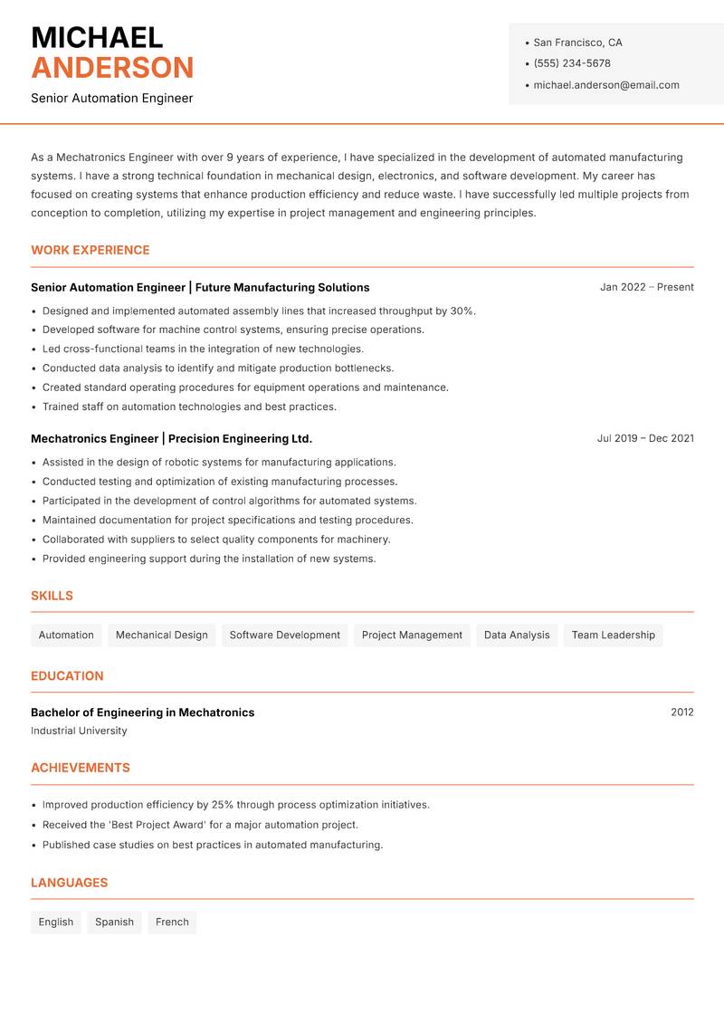 Mechatronics Engineer resume sample — Senior Automation Engineer focus