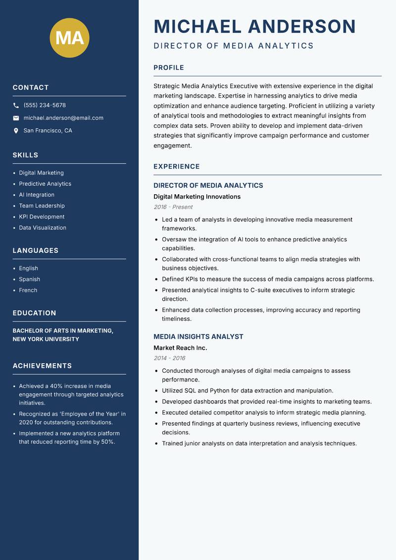 Media Analytics Executive resume sample — Director of Media Analytics focus