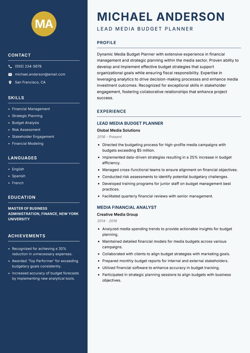 Media Budget Planner resume sample — Lead Media Budget Planner focus