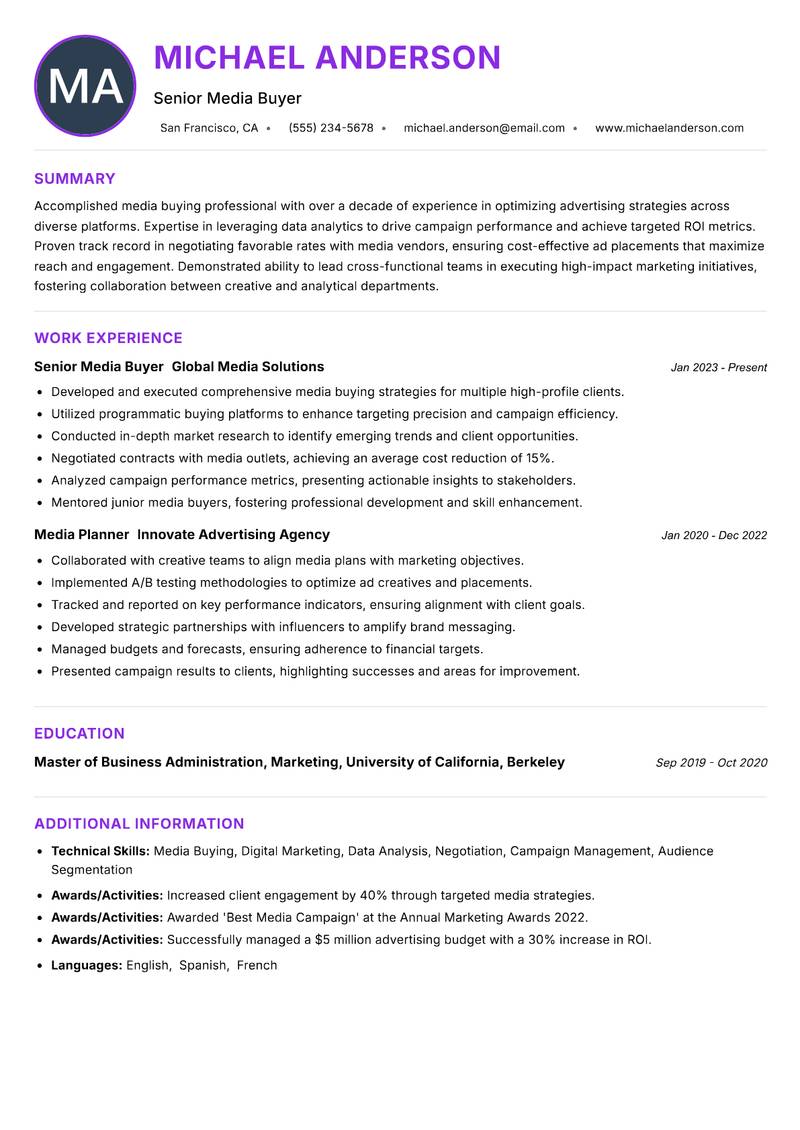 Media Buyer resume example