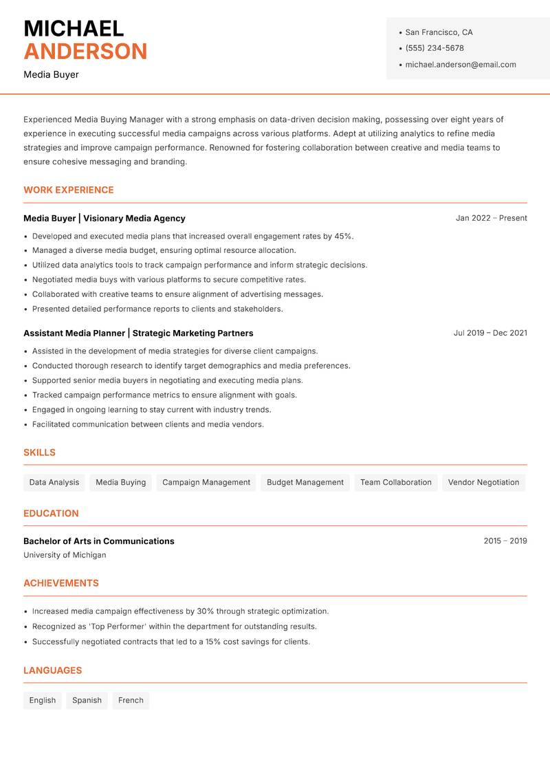 Media Buying Manager resume sample — Media Buyer focus