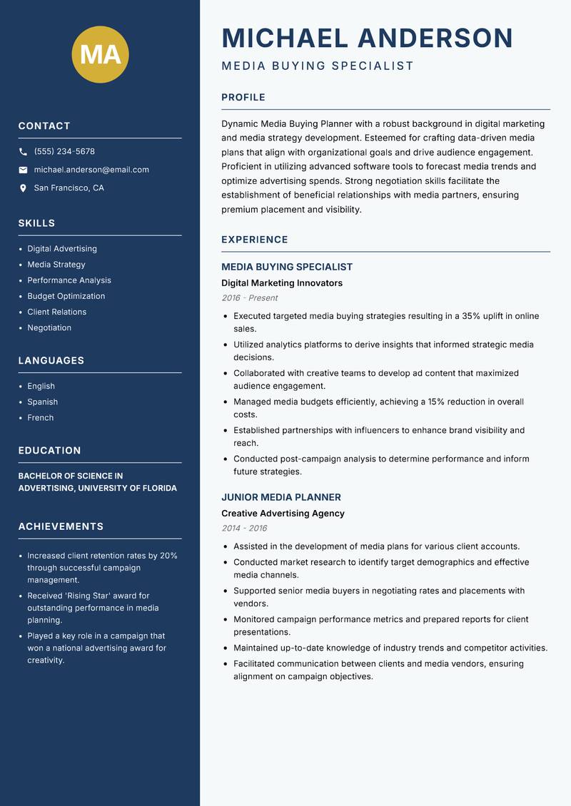Media Buying Planner resume sample — Media Buying Specialist focus