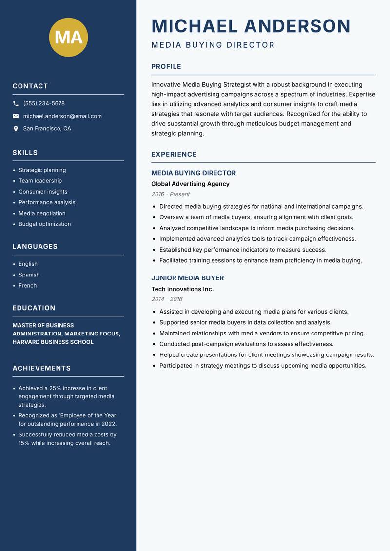 Media Buying Strategist resume sample — Media Buying Director focus