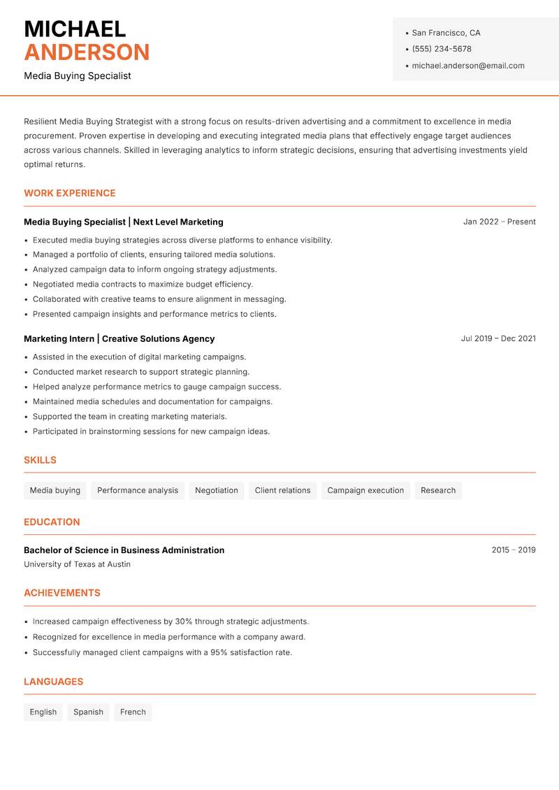 Media Buying Strategist resume sample — Media Buying Specialist focus