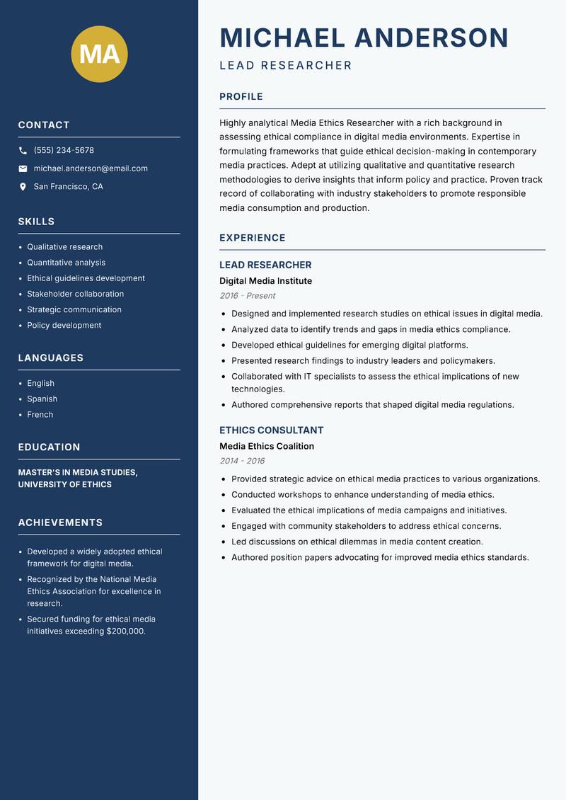 Media Ethics Researcher resume sample — Lead Researcher focus