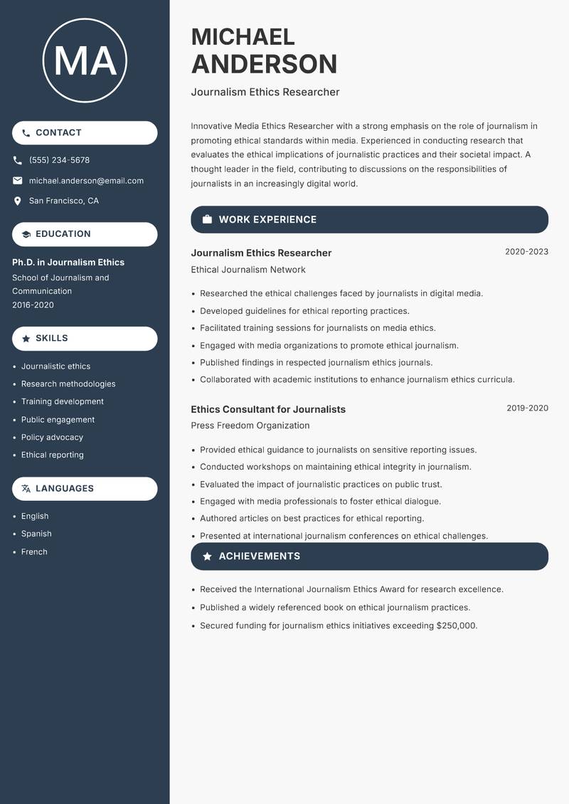 Media Ethics Researcher resume sample — Journalism Ethics Researcher focus