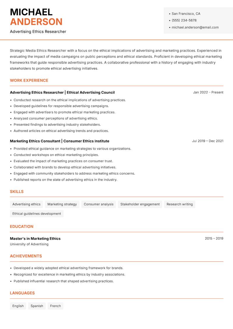 Media Ethics Researcher resume sample — Advertising Ethics Researcher focus