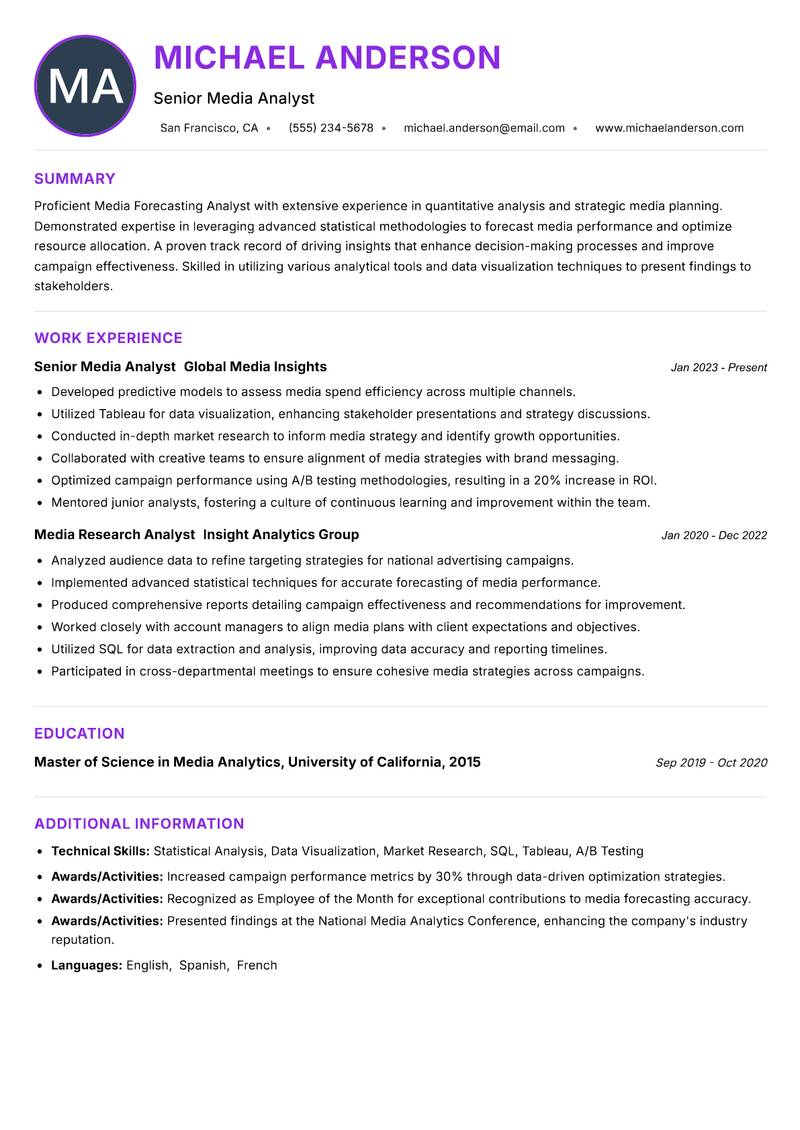Media Forecasting Analyst resume example