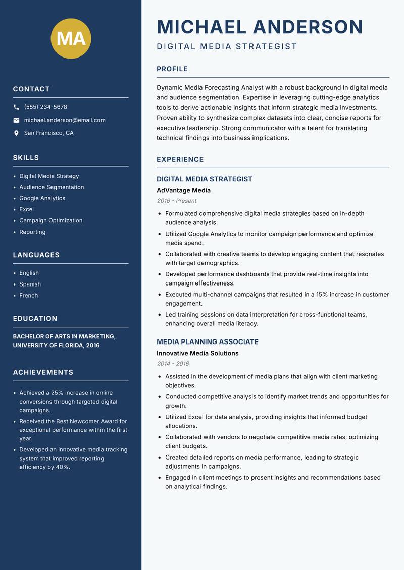 Media Forecasting Analyst resume sample — Digital Media Strategist focus