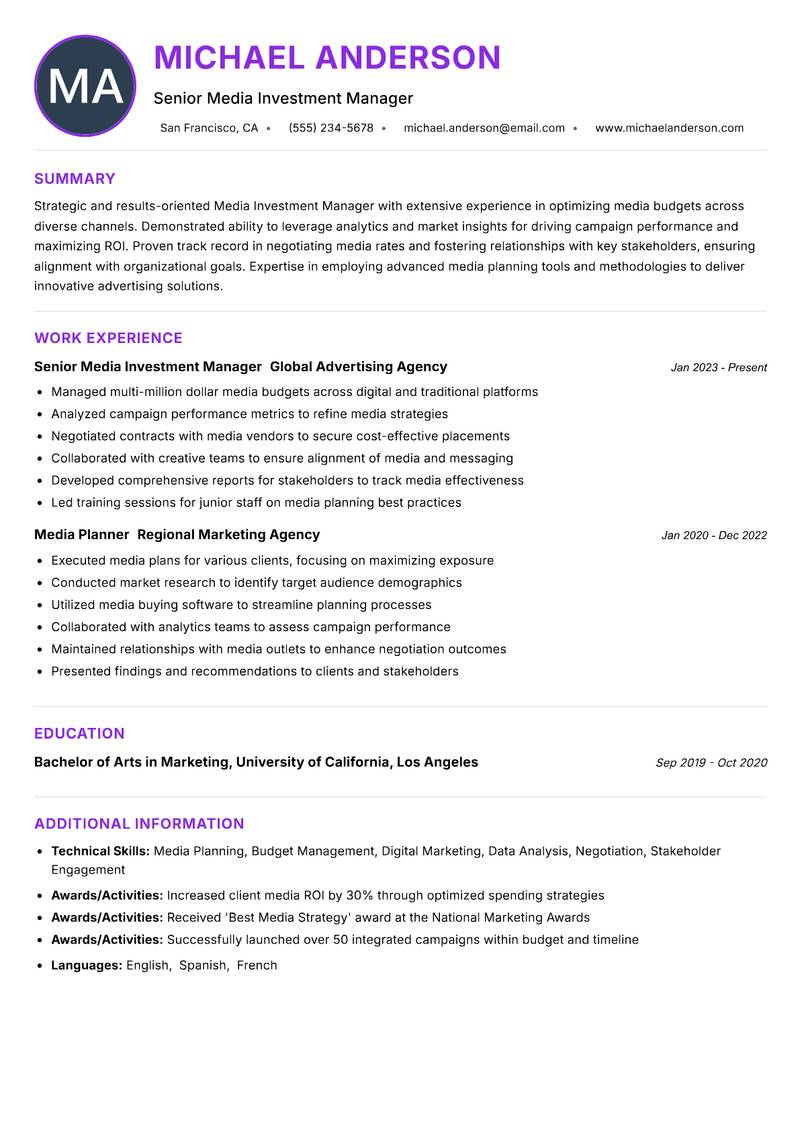 Media Investment Manager resume example