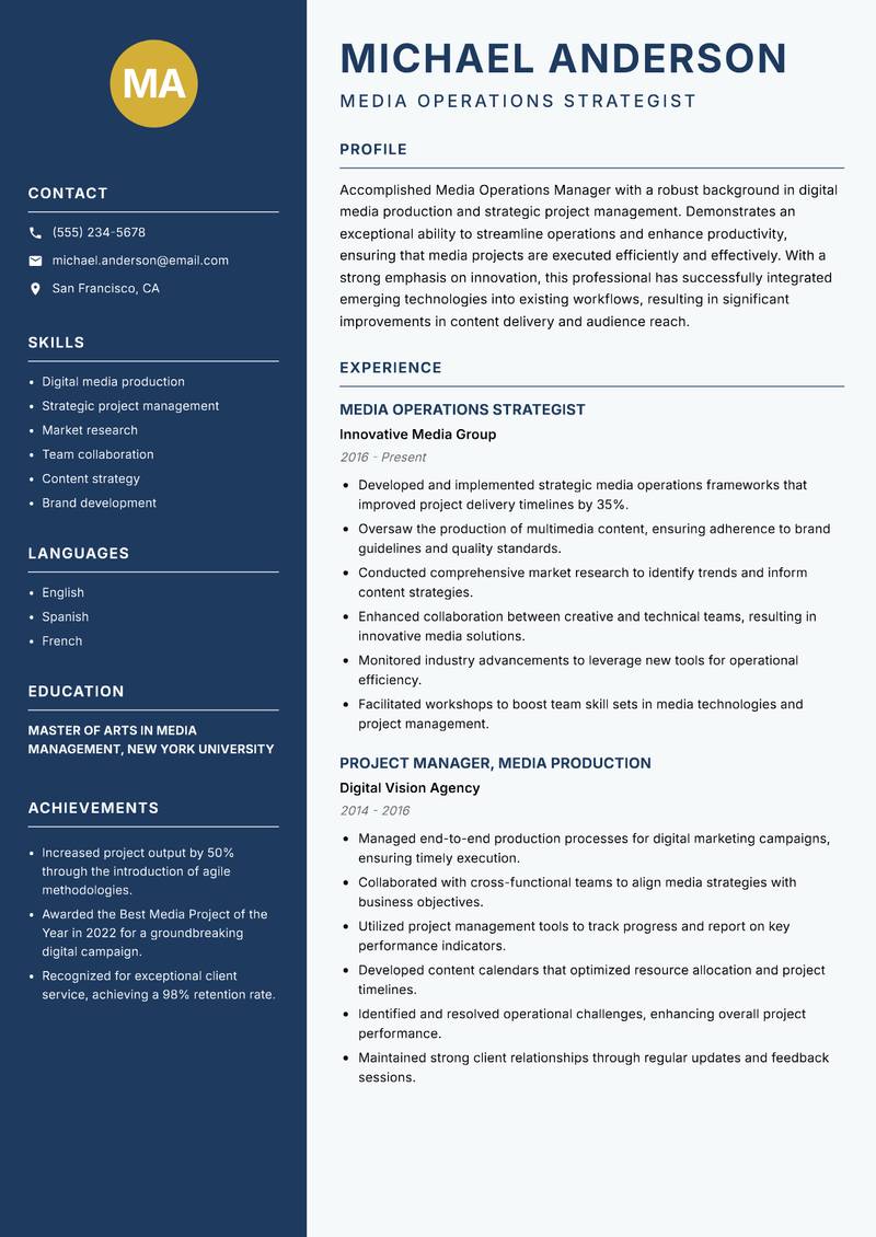 Media Operations Manager resume sample — Media Operations Strategist focus