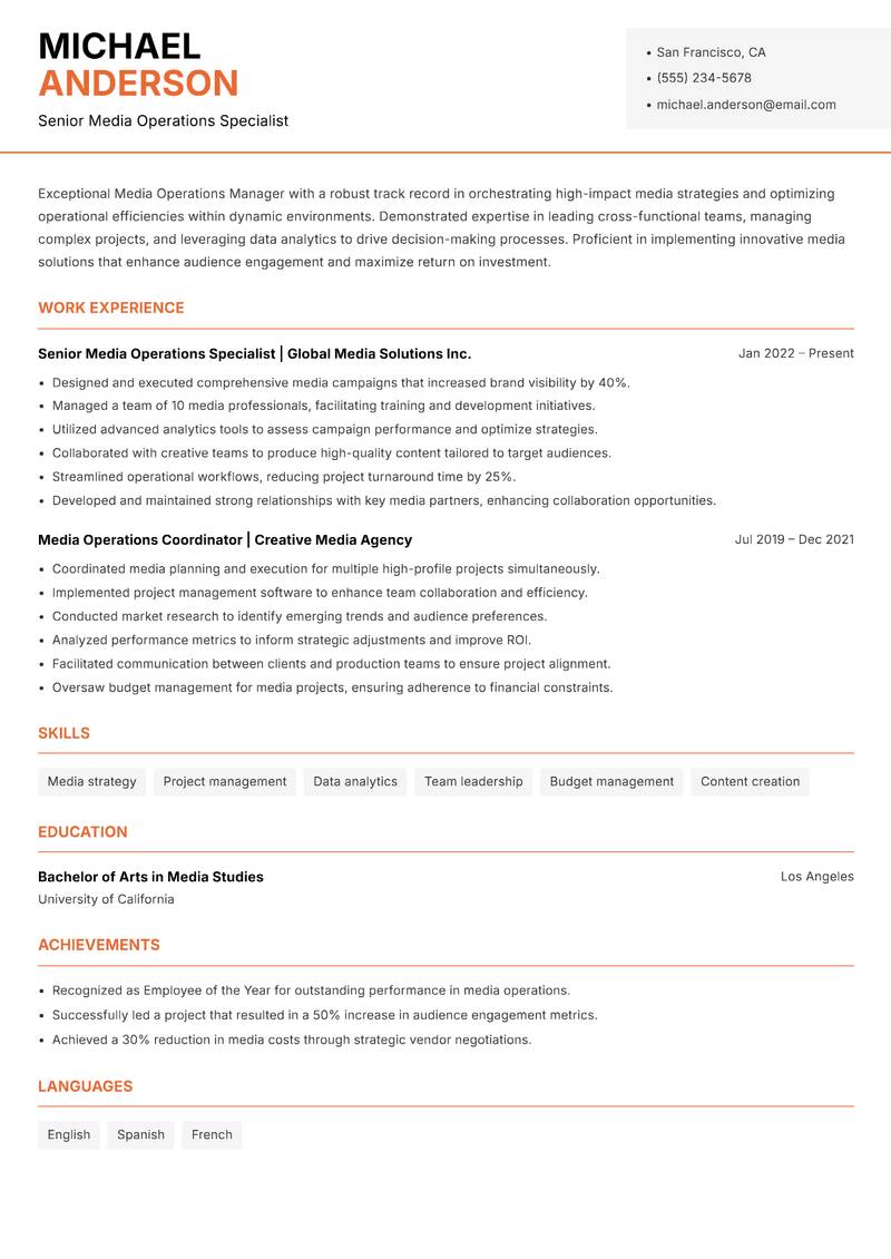 Media Operations Manager resume sample — Senior Media Operations Specialist focus