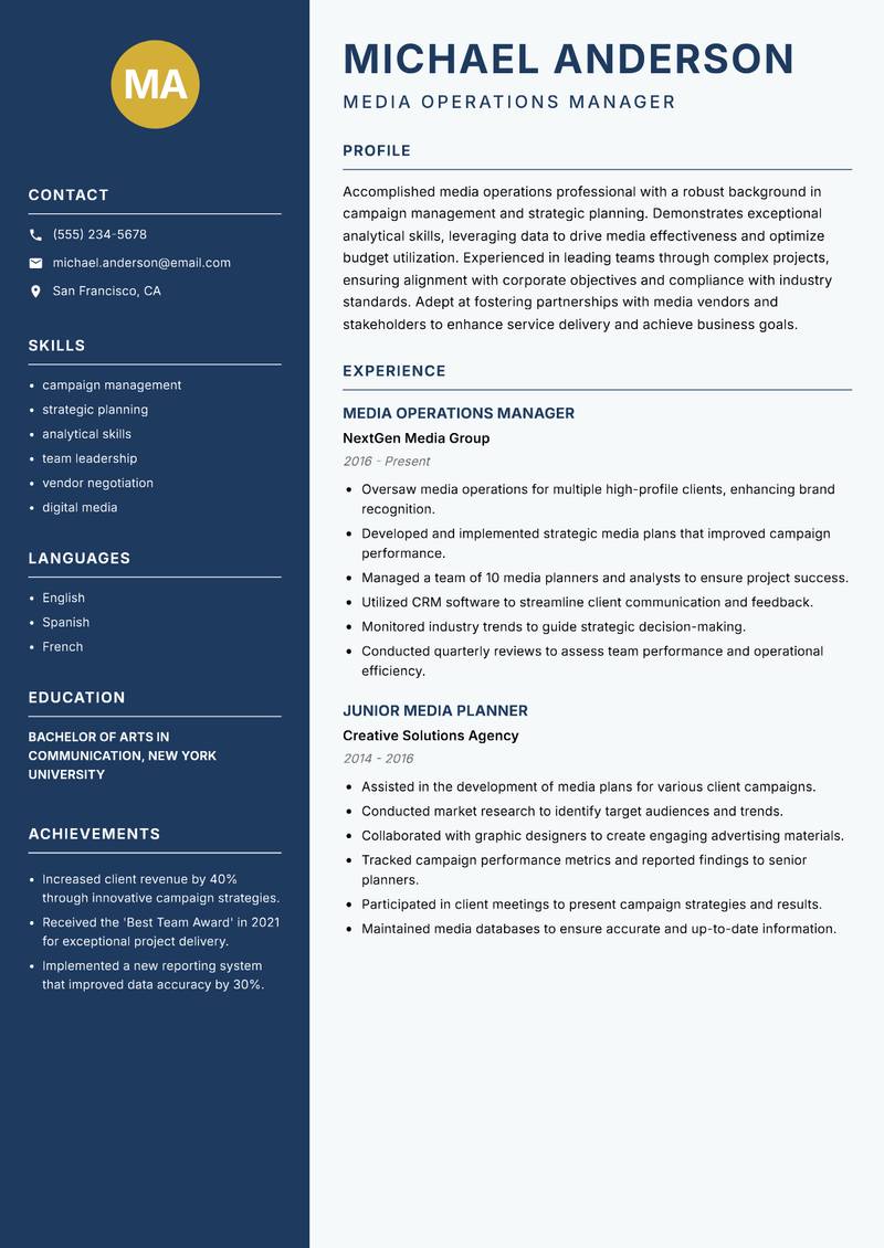 Media Operations Planner resume sample — Media Operations Manager focus