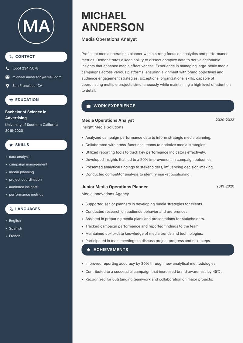 Media Operations Planner resume sample — Media Operations Analyst focus