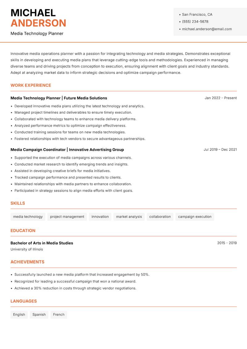 Media Operations Planner resume sample — Media Technology Planner focus