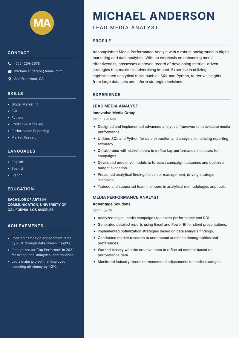 Media Performance Analyst resume sample — Lead Media Analyst focus