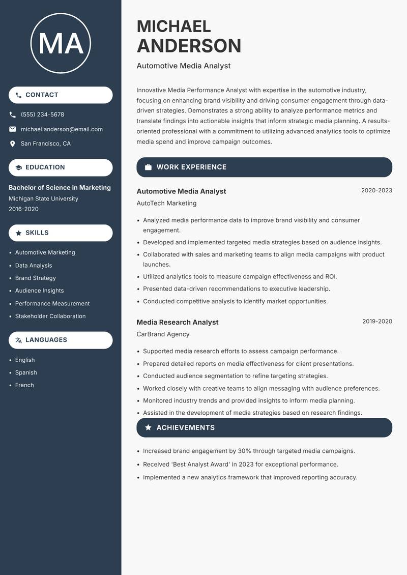 Media Performance Analyst resume sample — Automotive Media Analyst focus