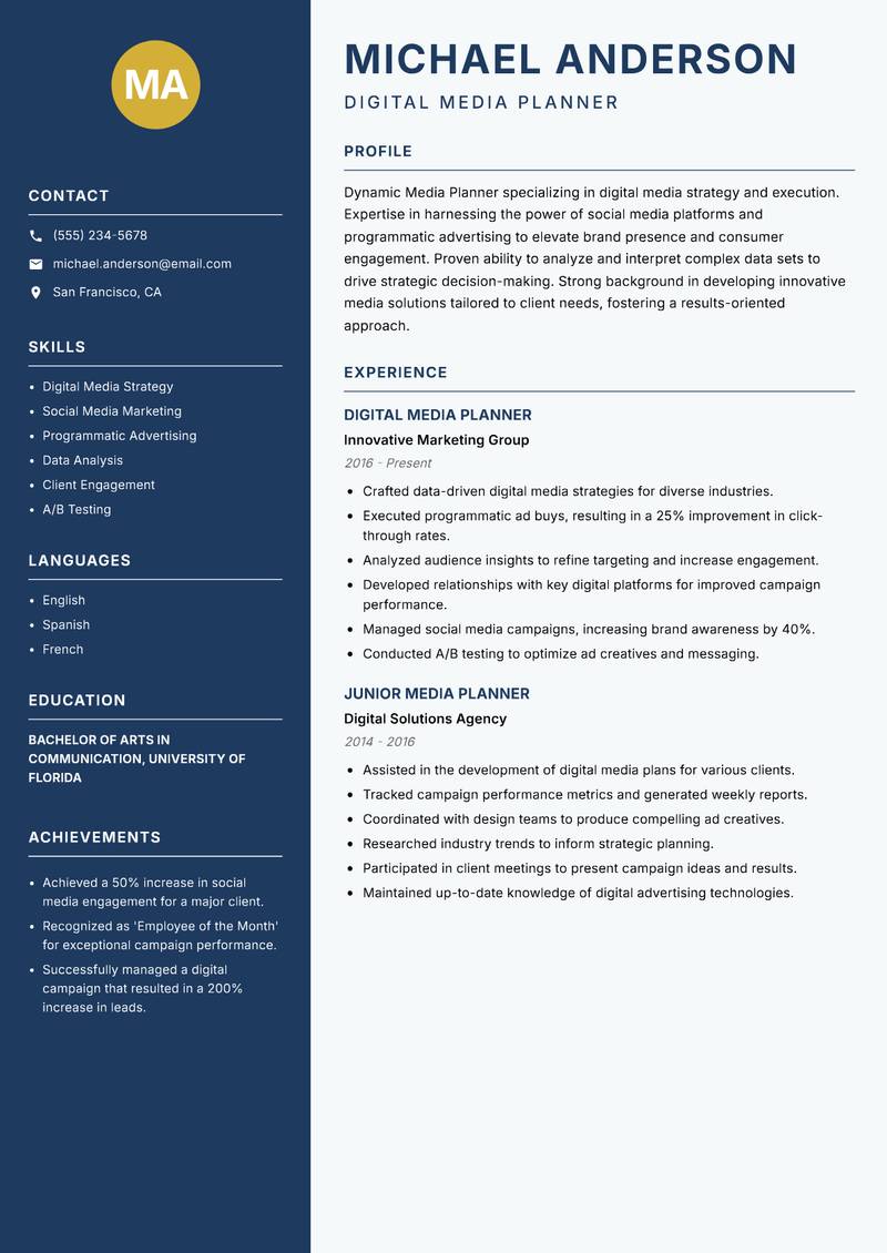 Media Planner resume sample — Digital Media Planner focus