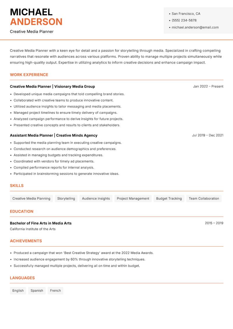 Media Planner resume sample — Creative Media Planner focus