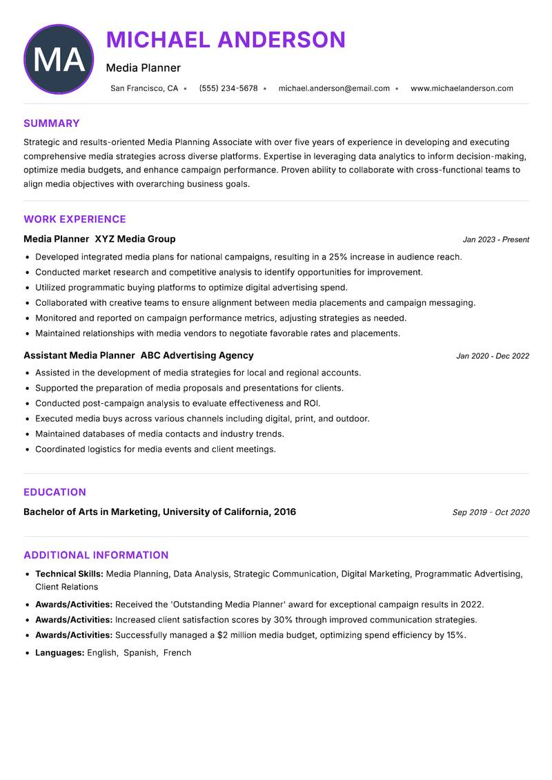 Media Planning Associate resume example