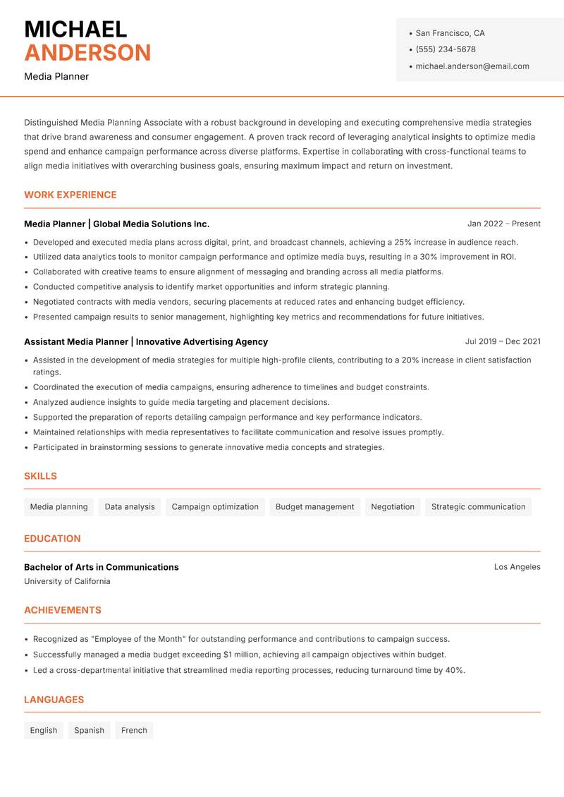 Media Planning Associate resume sample — Media Planner focus