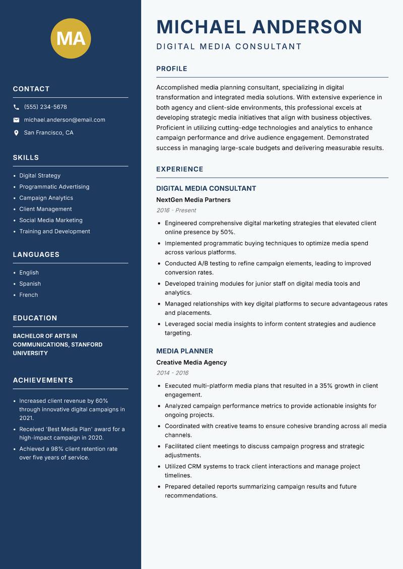 Media Planning Consultant resume sample — Digital Media Consultant focus