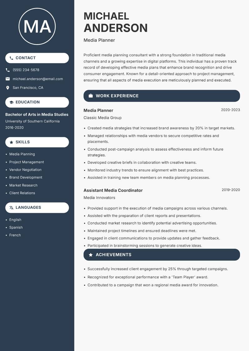 Media Planning Consultant resume sample — Media Planner focus