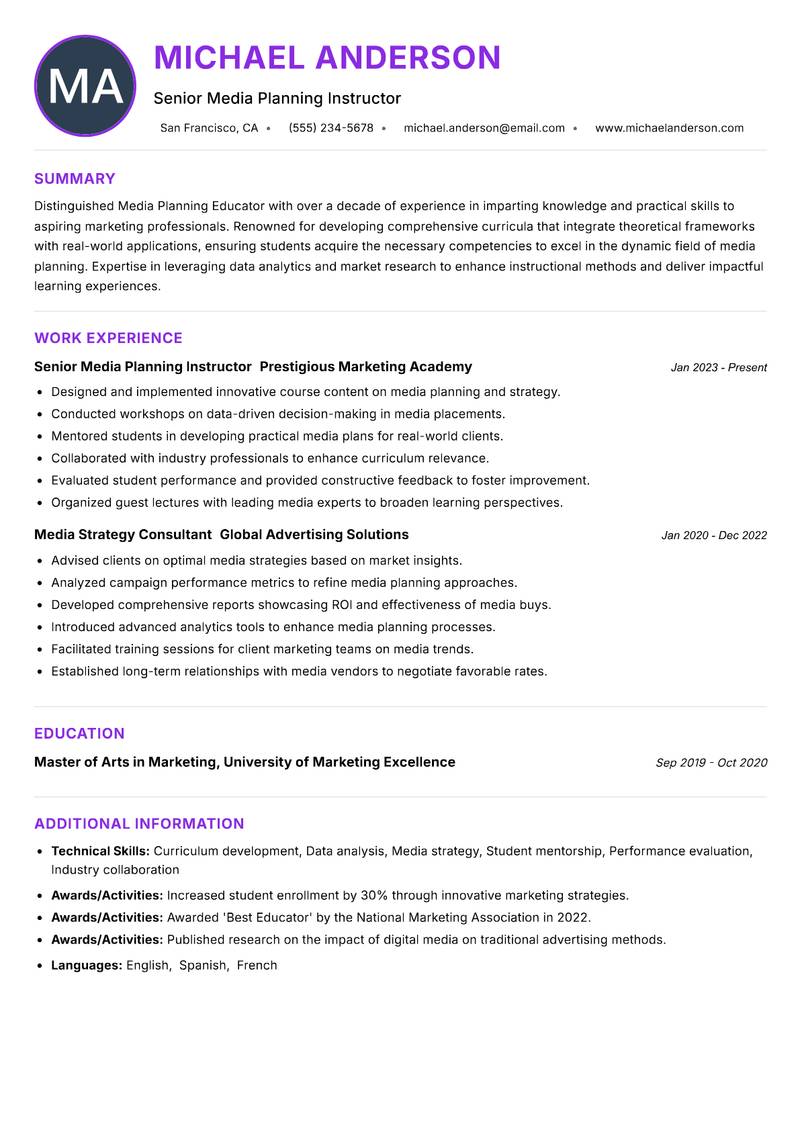Media Planning Educator resume example