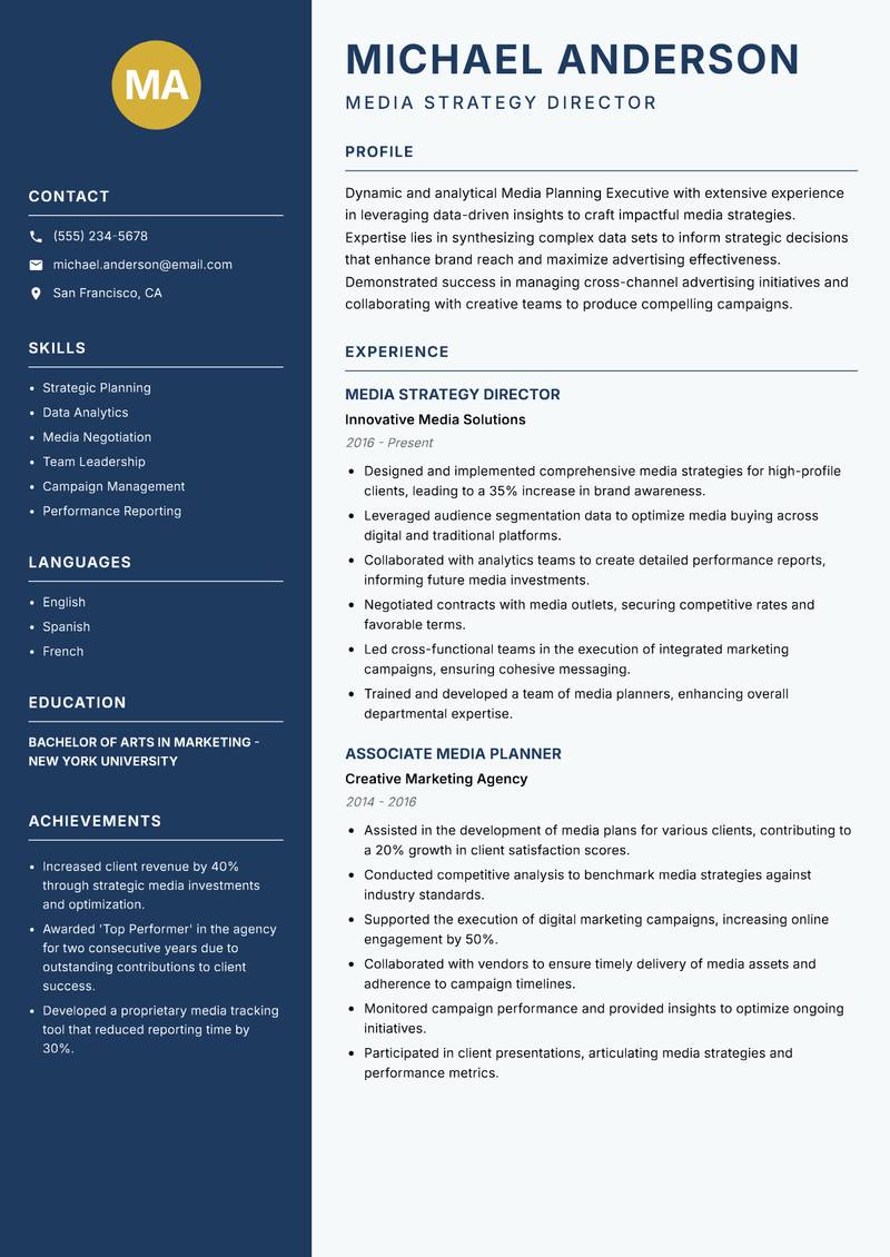 Media Planning Executive resume sample — Media Strategy Director focus