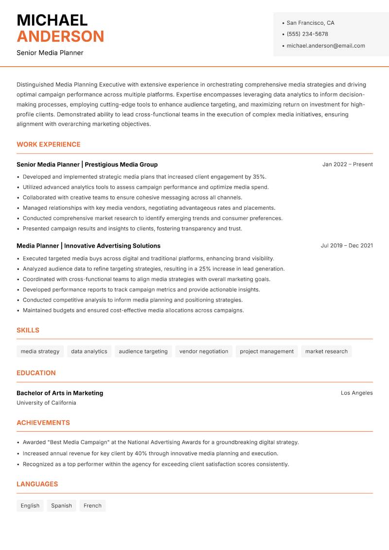 Media Planning Executive resume sample — Senior Media Planner focus