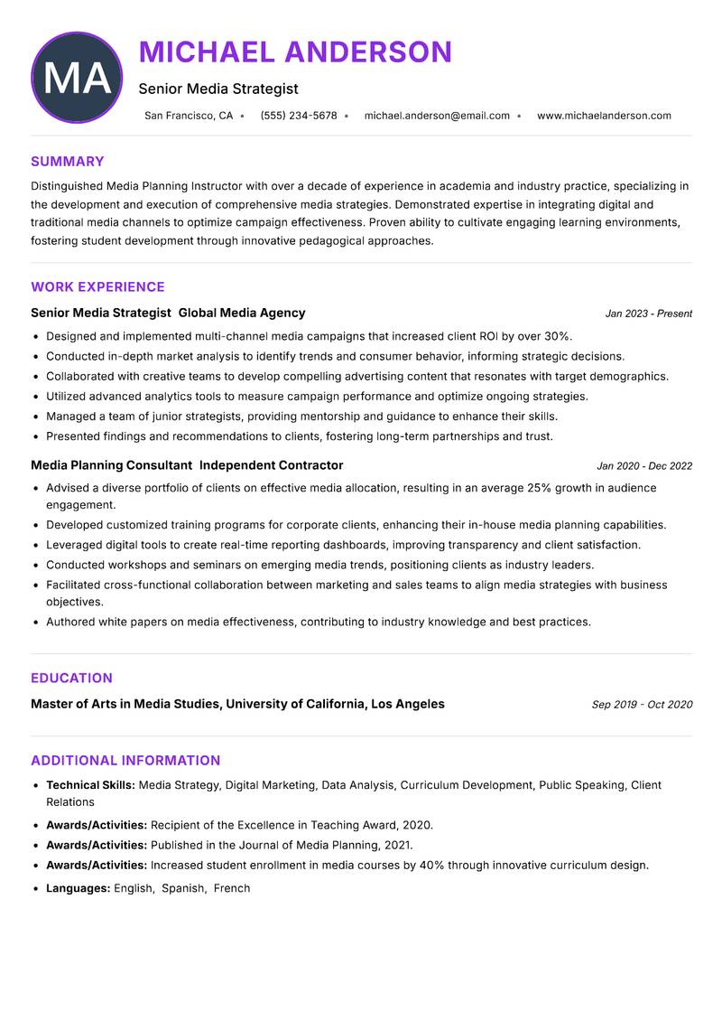 Media Planning Instructor resume example
