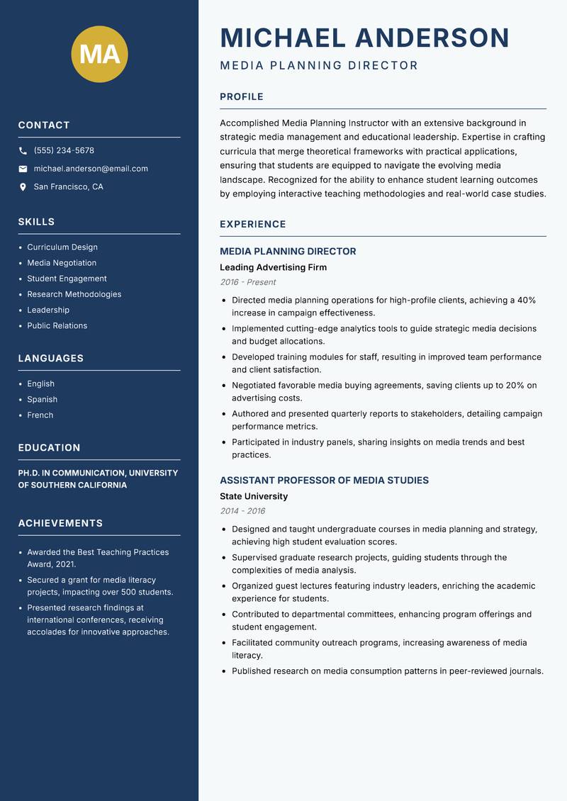 Media Planning Instructor resume sample — Media Planning Director focus