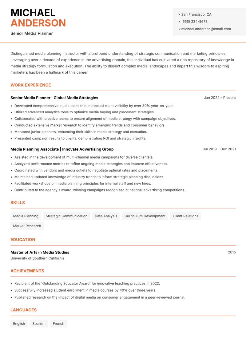 Media Planning Instructor resume sample — Senior Media Planner focus