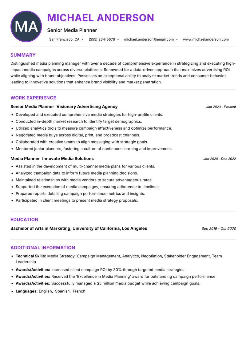 Media Planning Manager resume example